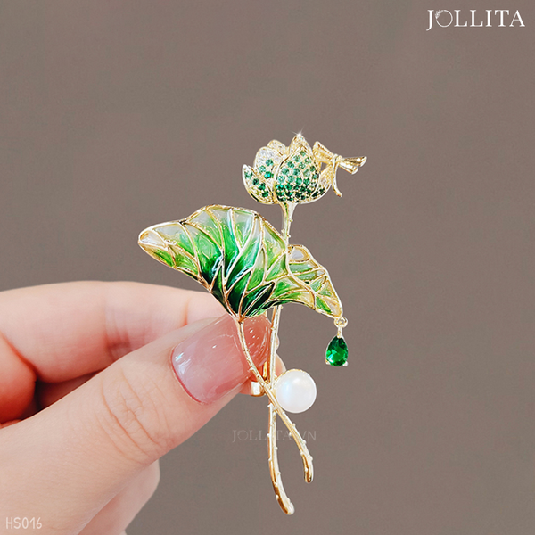  Trâm cài áo Nhánh sen xanh đính ngọc trai thanh lịch tinh tế 