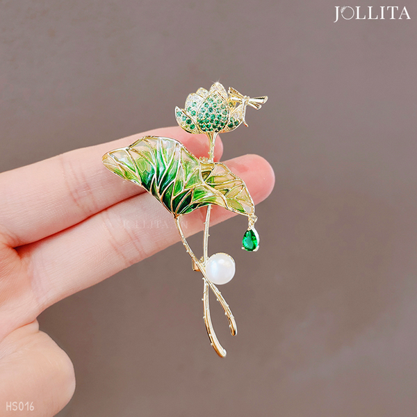  Trâm cài áo Nhánh sen xanh đính ngọc trai thanh lịch tinh tế 