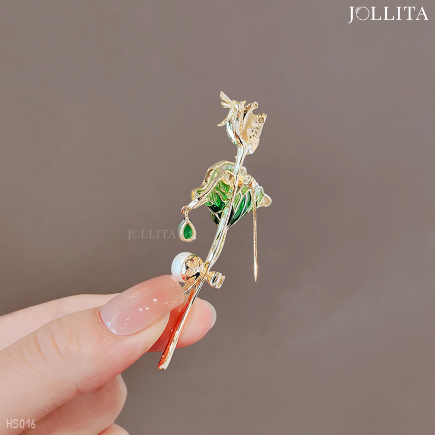  Trâm cài áo Nhánh sen xanh đính ngọc trai thanh lịch tinh tế 