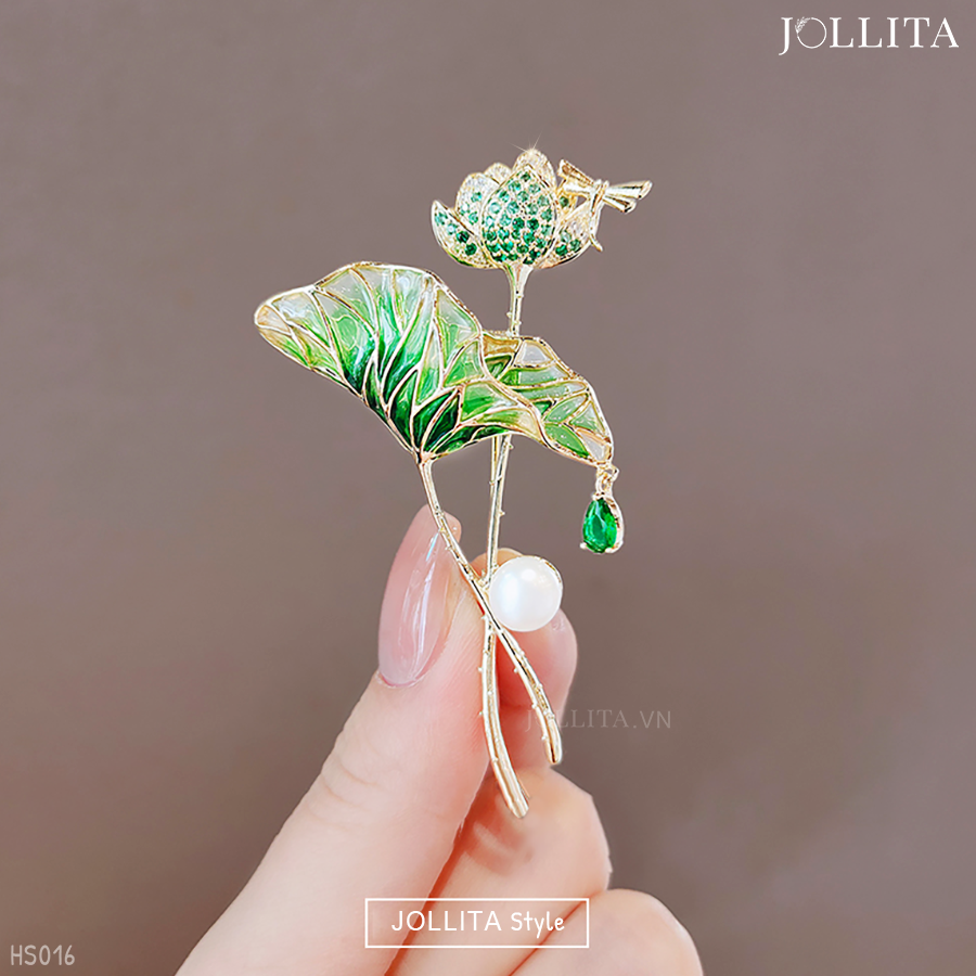  Trâm cài áo Nhánh sen xanh đính ngọc trai thanh lịch tinh tế 