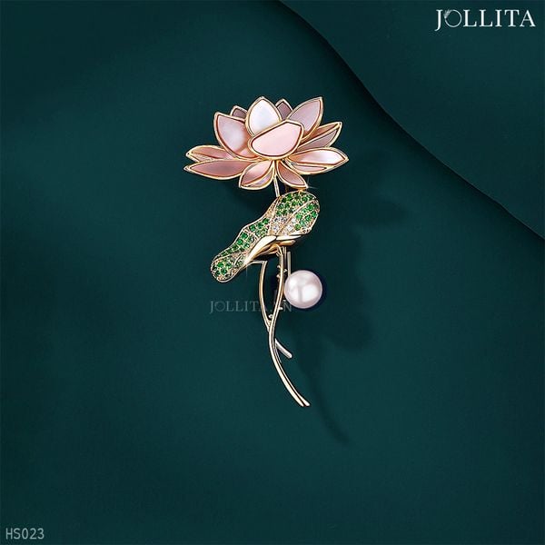  Trâm cài áo đóa sen khảm xà cừ phối màu đính ngọc trai thanh lịch cao cấp 