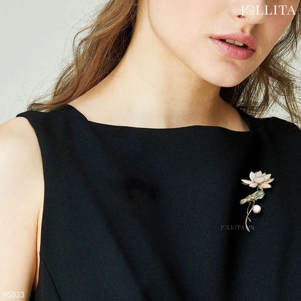  Trâm cài áo đóa sen khảm xà cừ phối màu đính ngọc trai thanh lịch cao cấp 