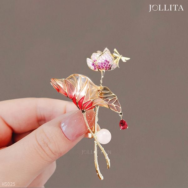  Trâm cài áo Nhánh sen hồng đính ngọc trai thanh lịch tinh tế 