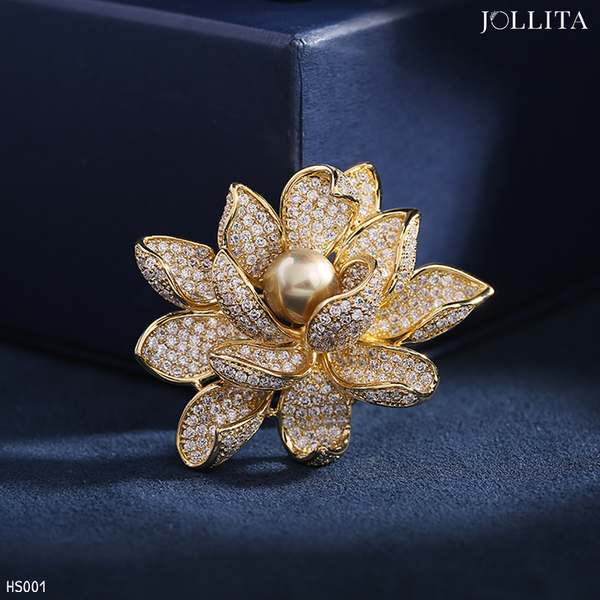  Trâm cài áo Hoa sen vàng đính ngọc trai sang trọng 