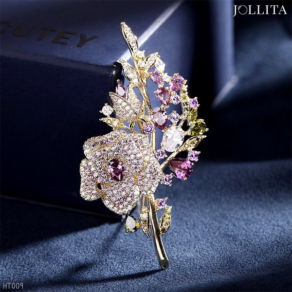  Trâm cài áo Hoa trà đính đá tím cao cấp 