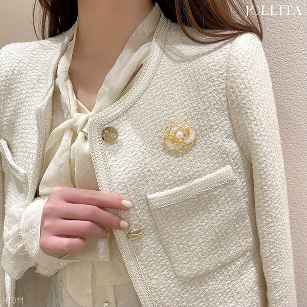  Trâm cài áo Hoa trà cánh xà cừ đính ngọc trai cao cấp 