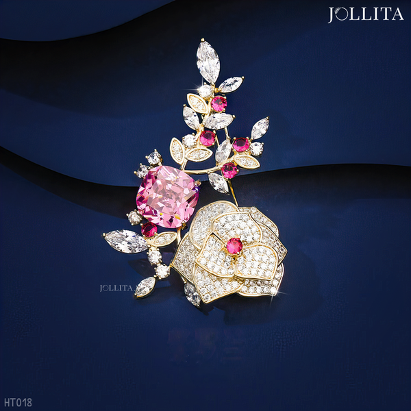  Trâm cài áo nhành hoa trà đính đá hồng cao cấp quý phái 