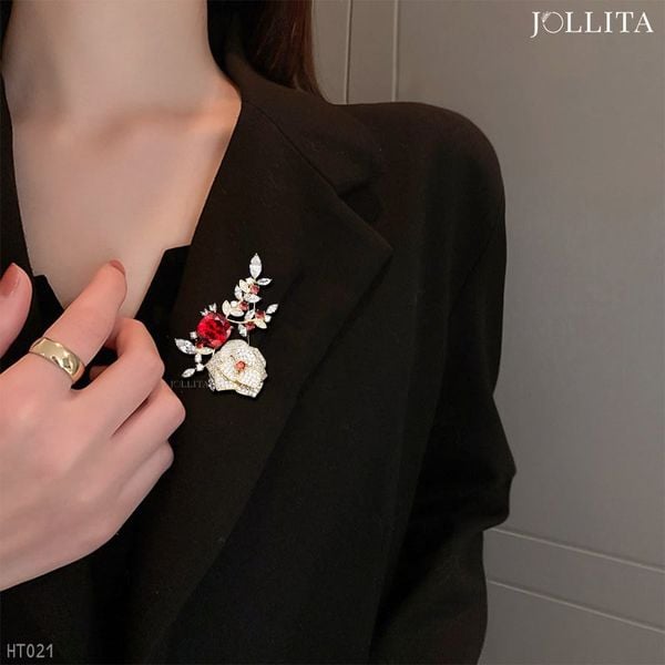  Trâm cài áo nhành hoa trà đính đá đỏ cao cấp quý phái 