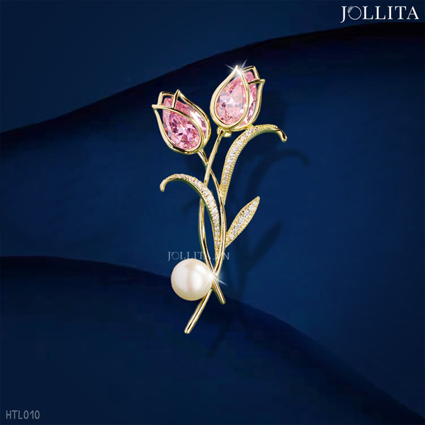  Trâm cài áo nhành Hoa tulip đôi đính đá hồng kiêu sa 