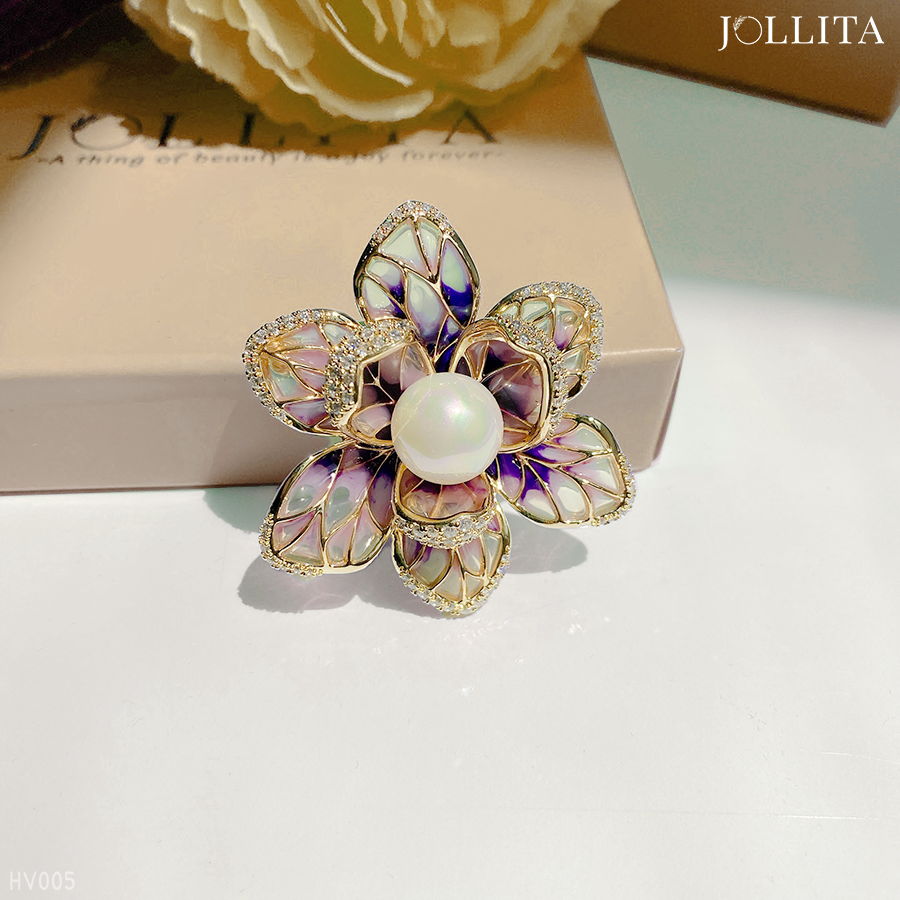  Trâm cài áo đóa hoa tím thanh lịch đính ngọc trai cao cấp 