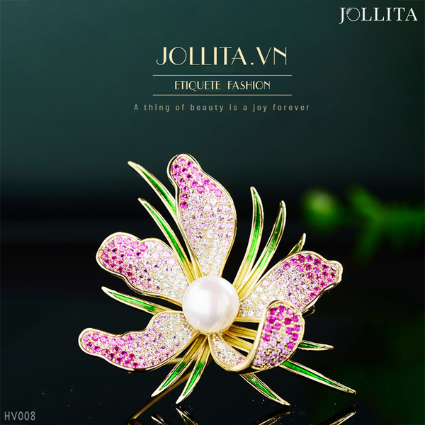  Trâm cài áo hoa lily dát đá đính ngọc trai cao cấp 