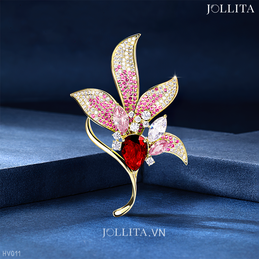  Trâm cài áo hoa mộc lan đính đá pha lê hồng ngọc cao cấp 
