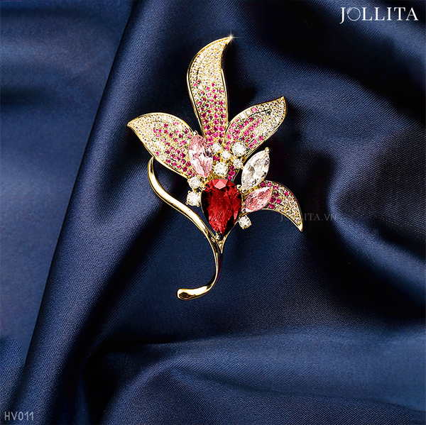  Trâm cài áo hoa mộc lan đính đá pha lê hồng ngọc cao cấp 