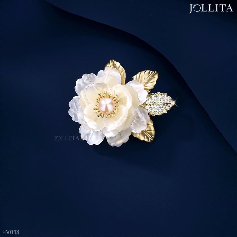  Trâm cài áo hoa mẫu đơn khảm xà cừ đính ngọc trai thanh lịch sang trọng 