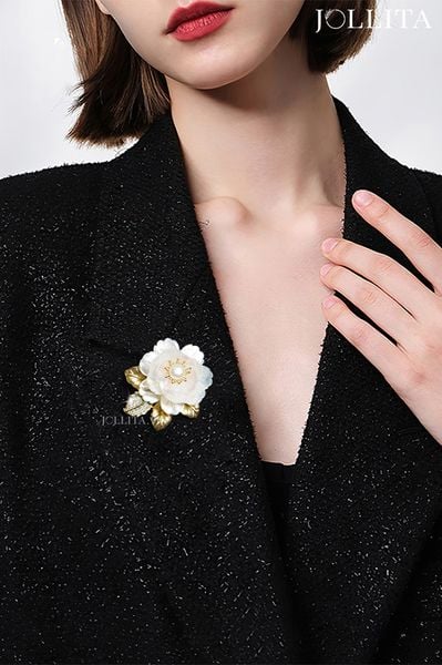  Trâm cài áo hoa mẫu đơn khảm xà cừ đính ngọc trai thanh lịch sang trọng 