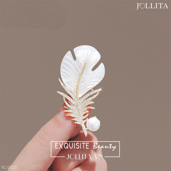  Trâm cài áo Lông vũ khảm xà cừ đính ngọc trai thanh lịch 