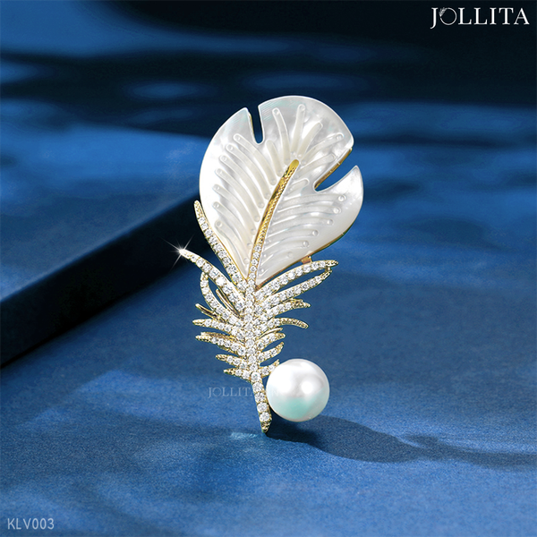  Trâm cài áo Lông vũ khảm xà cừ đính ngọc trai thanh lịch 