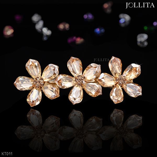  Kẹp tóc bấm nhành hoa đính đá pha lê vàng cao cấp sang trọng 