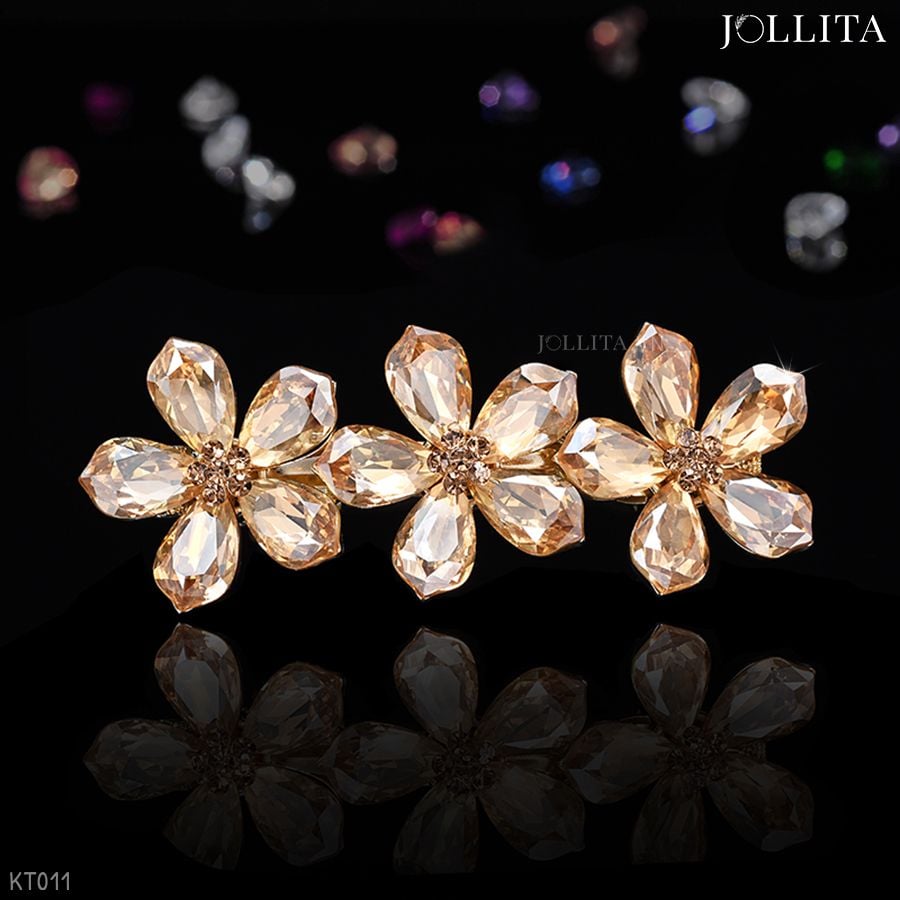  Kẹp tóc bấm nhành hoa đính đá pha lê vàng cao cấp sang trọng 