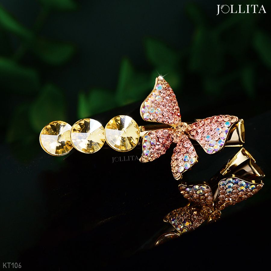  Kẹp tóc mái nơ bướm đính đá pha lê vàng cao cấp 