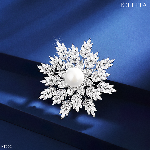  Trâm cài áo bông tuyết đính ngọc trai cao cấp 