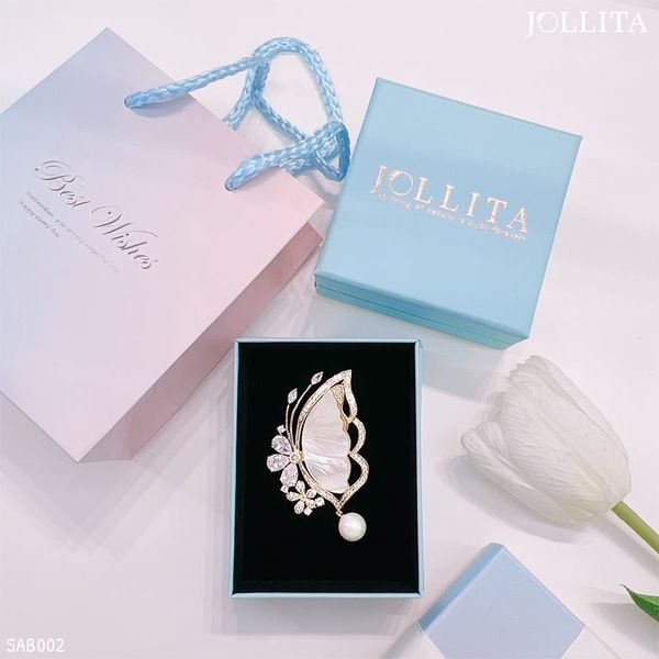  Set quà tặng 20/10 cài áo bướm vàng đính ngọc trai thanh lịch cao cấp 