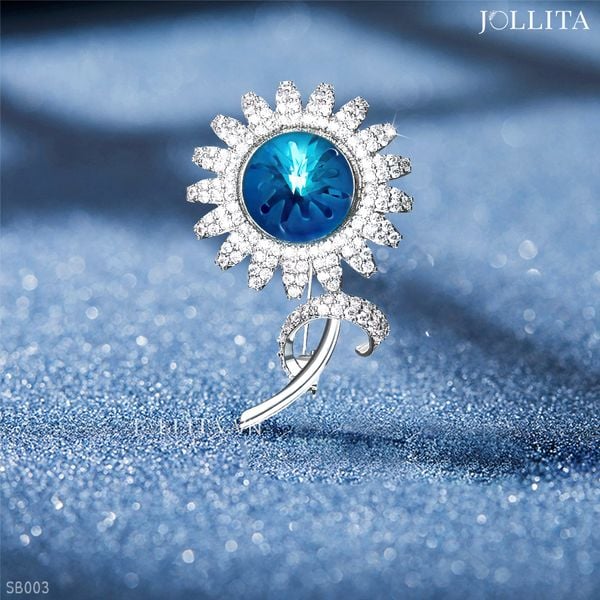  Trâm cài áo hoa hướng dương đính đá pha lê xanh blue cao cấp sang trọng 