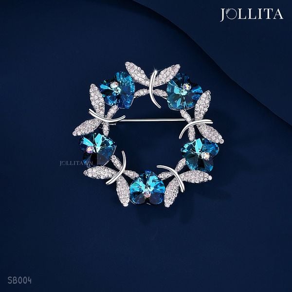  Trâm cài áo vòng hoa bướm đính đá pha lê xanh blue cao cấp sang trọng 