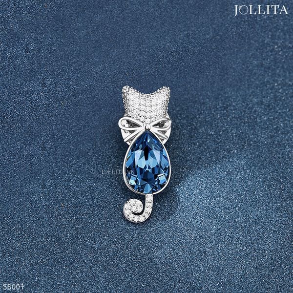  Pin cài áo mèo đính đá pha lê xanh blue cao cấp sang trọng 