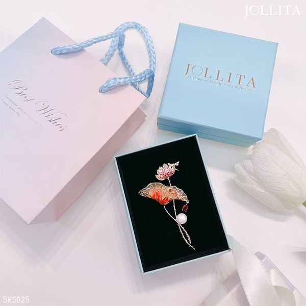  Set quà tặng 20/10 cài áo Nhánh sen hồng đính ngọc trai thanh lịch tinh tế 