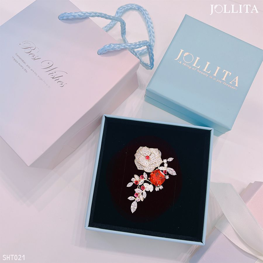  Set quà tặng cài áo nhành hoa trà đính đá đỏ cao cấp quý phái 