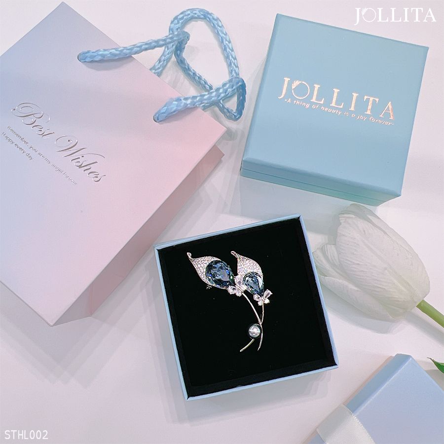  Set quà tặng cài áo hoa loa kèn đính pha lê xanh sang trọng 