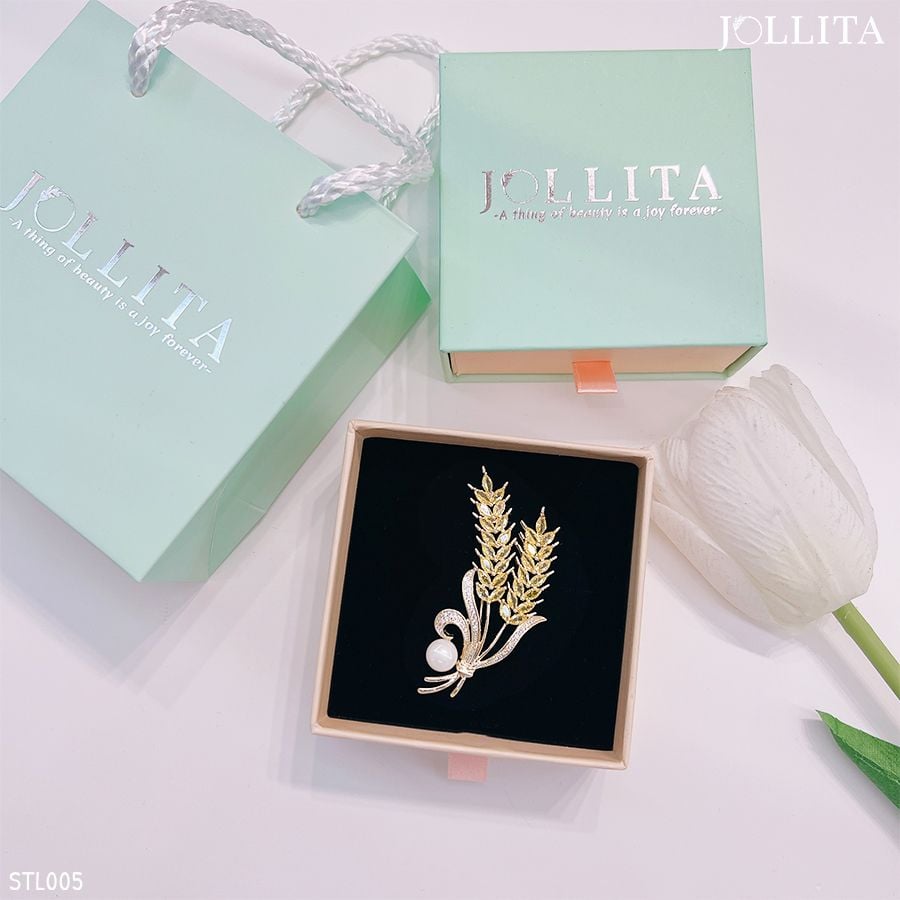  Set quà tặng Cài áo Bông lúa vàng dát đá đính ngọc trai cao cấp 