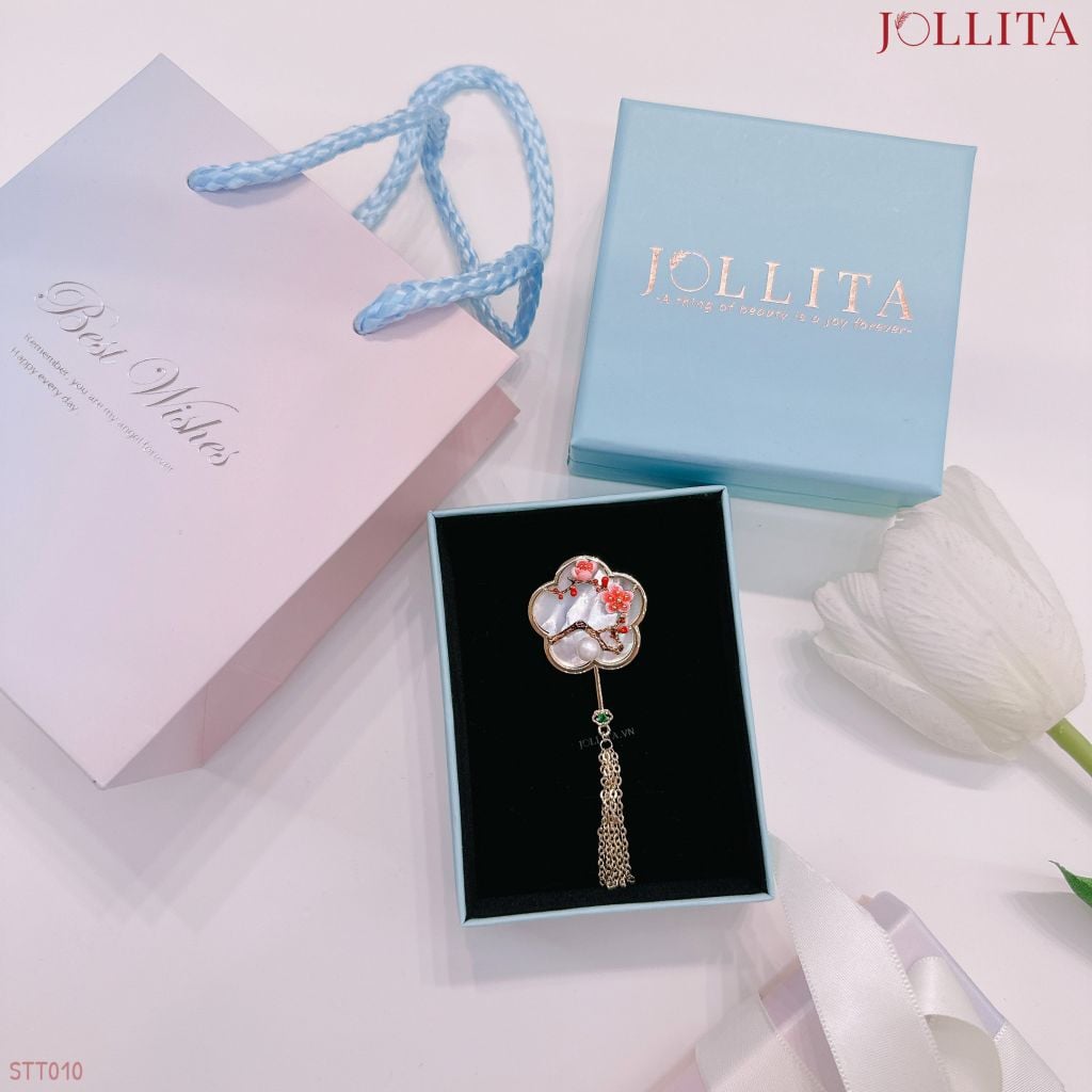  Set quà tặng cài áo hoa đào khảm xà cừ đính đá tua rua cao cấp 