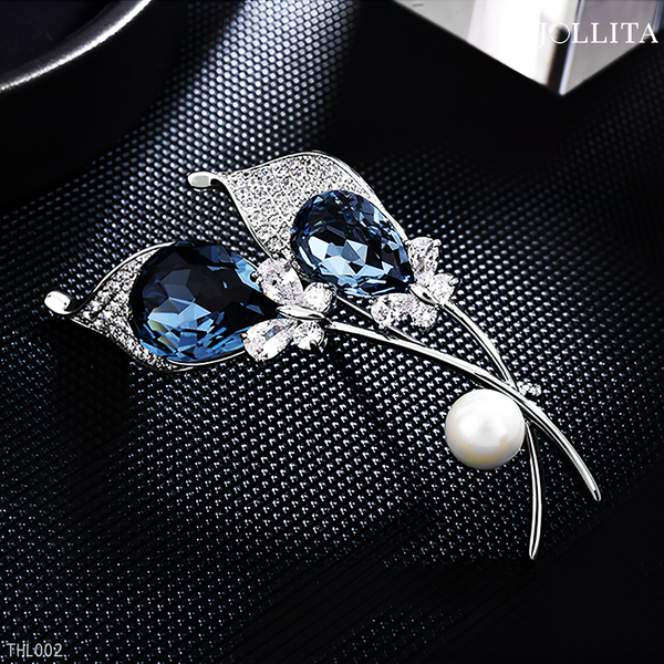  Trâm cài áo hoa loa kèn đính pha lê xanh sang trọng 