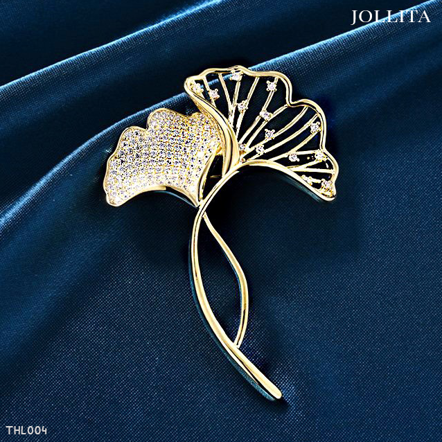  Trâm cài áo lá bạch quả dát đá zircon cao cấp 