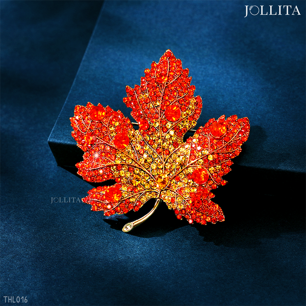  Trâm cài áo lá phong đỏ đính đá zircon sang trọng 