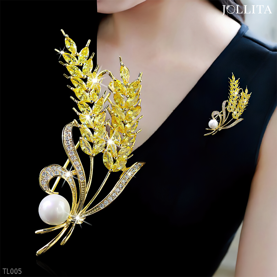  Trâm cài áo Bông lúa vàng dát đá đính ngọc trai cao cấp 