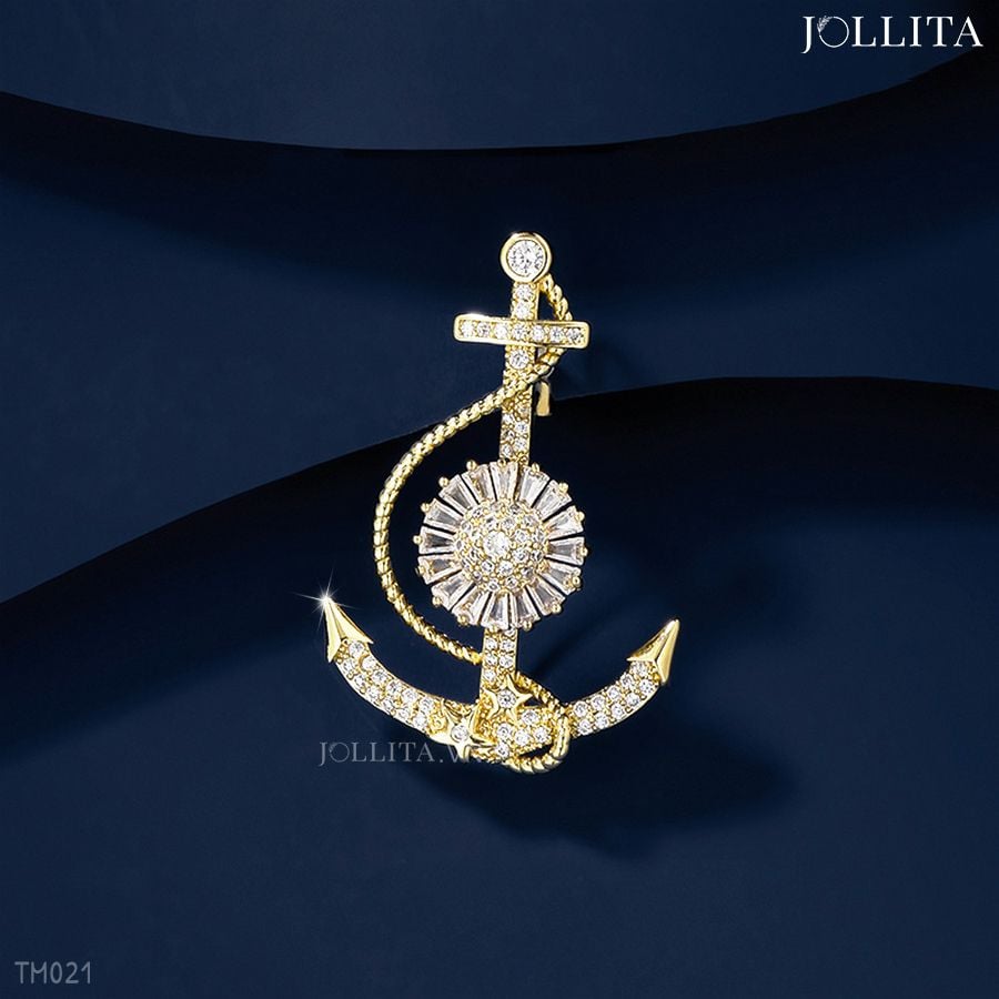  Trâm cài áo mỏ neo dát đá zircon cao cấp 