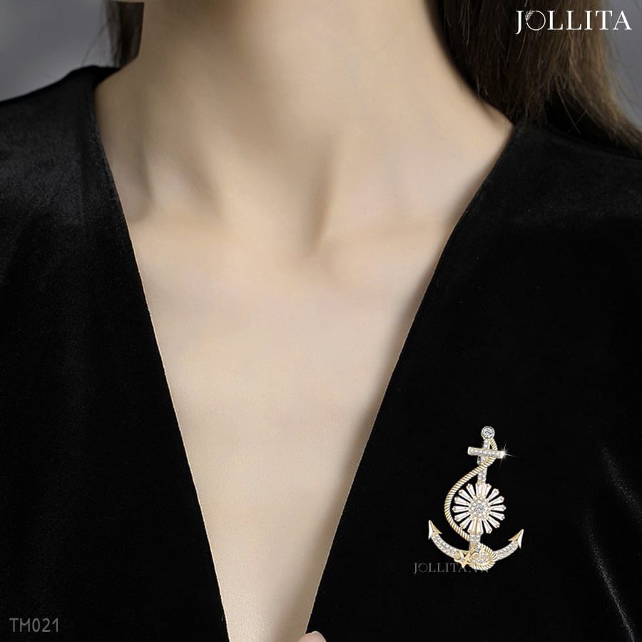  Trâm cài áo mỏ neo dát đá zircon cao cấp 