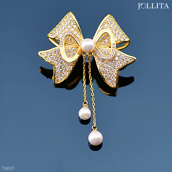  Trâm cài áo vest nơ vàng đính ngọc trai Hàn Quốc 