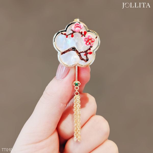  Trâm cài áo hoa đào khảm xà cừ đính đá tua rua cao cấp 