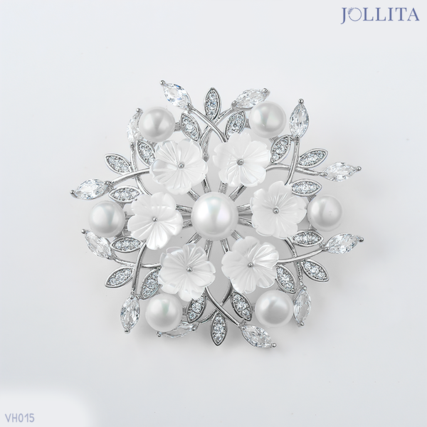  Trâm cài áo chùm hoa đính đá ngọc trai sang trọng màu bạch kim 