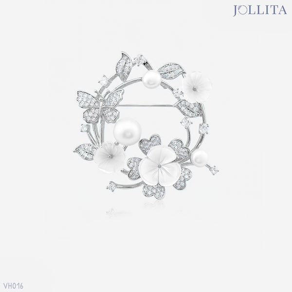  Trâm cài áo vòng tròn hoa dát đá đính ngọc trai cao cấp màu bạch kim 