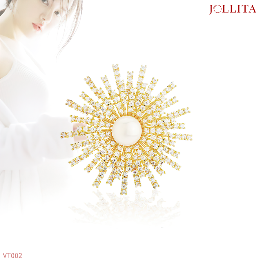  Trâm cài áo hoa mặt trời tỏa nắng dát đá đính ngọc trai sang trọng 