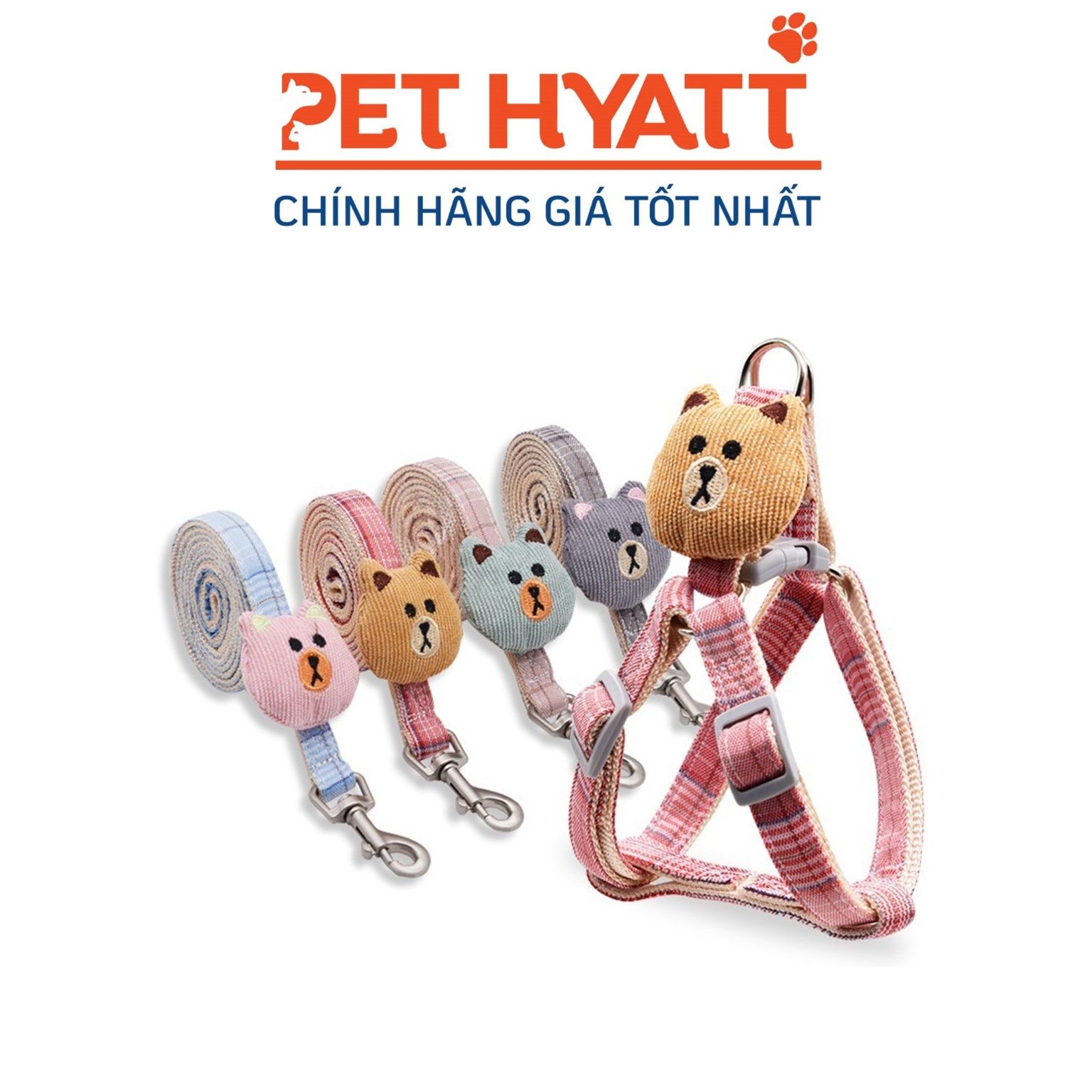 Dây Dắt Yếm Caro Đính Gấu Cho Thú Cưng