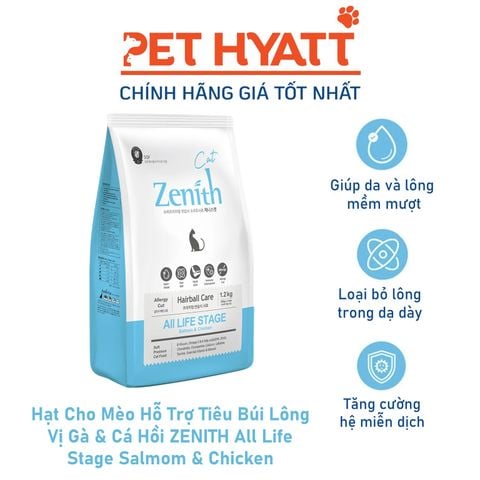  Hạt Cho Mèo Hỗ Trợ Tiêu Búi Lông Vị Gà & Cá Hồi ZENITH All Life Stage Salmom & Chicken 