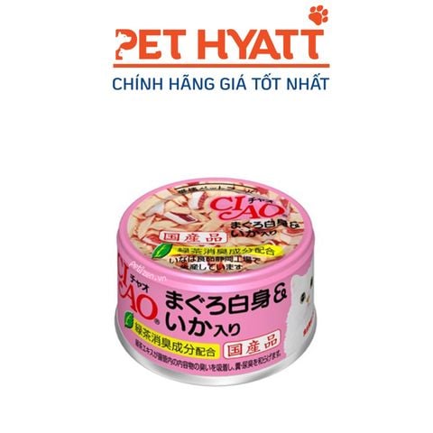  Pate Cho Mèo Thịt Cá Ngừ Trắng Và Mực Ống CIAO White Meat Tuna With Cuttlefish In Jelly 