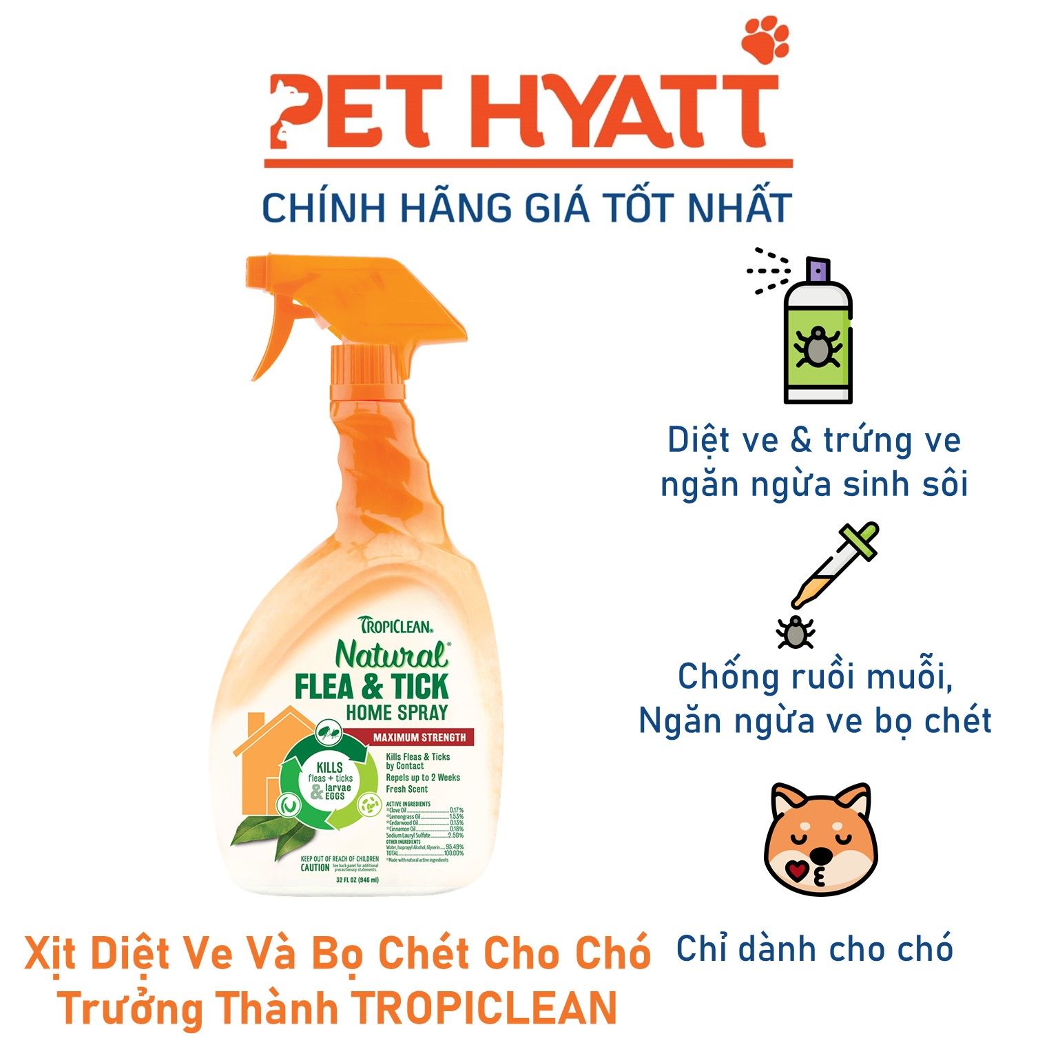 Xịt Diệt Ve Và Bọ Chét Cho Chó Trưởng Thành TROPICLEAN  Natural Flea & Tick Dog & Bedding Spray