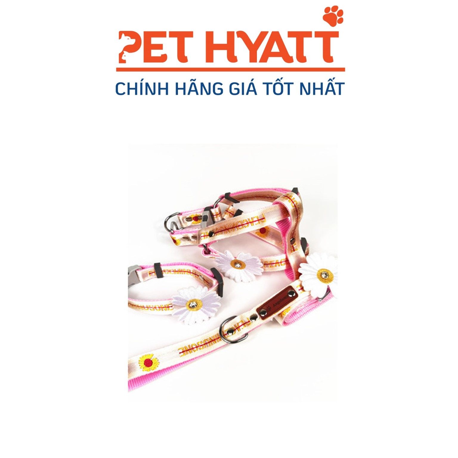 Dây Dắt Kèm Yếm & Vòng Cổ Hồng Đính Hoa Cúc Cho Thú Cưng